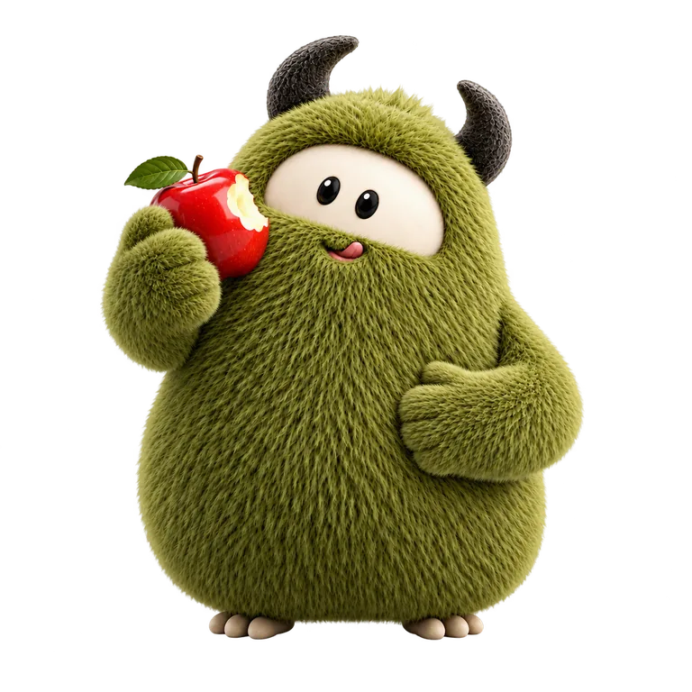 Unser Maskottchen nimmt sich mit einem Apfel einen Moment zum Nachdenken.