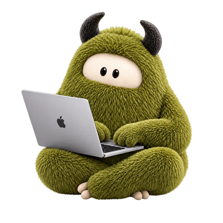 Unser grünes, flauschiges Maskottchen vertieft in die Arbeit am Laptop.