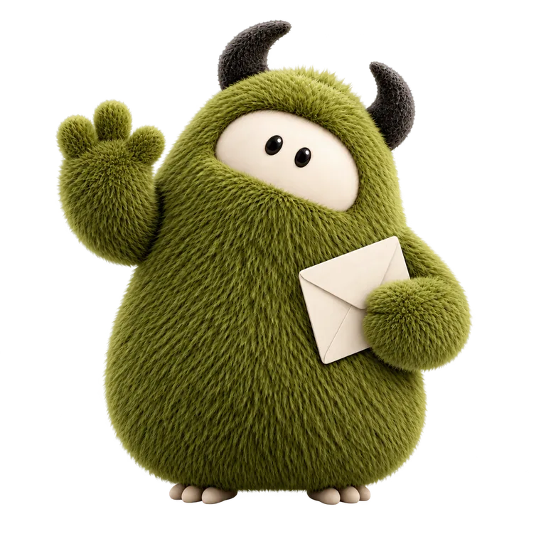 Unser Maskottchen winkt Ihnen mit einem Brief in der Hand zu.